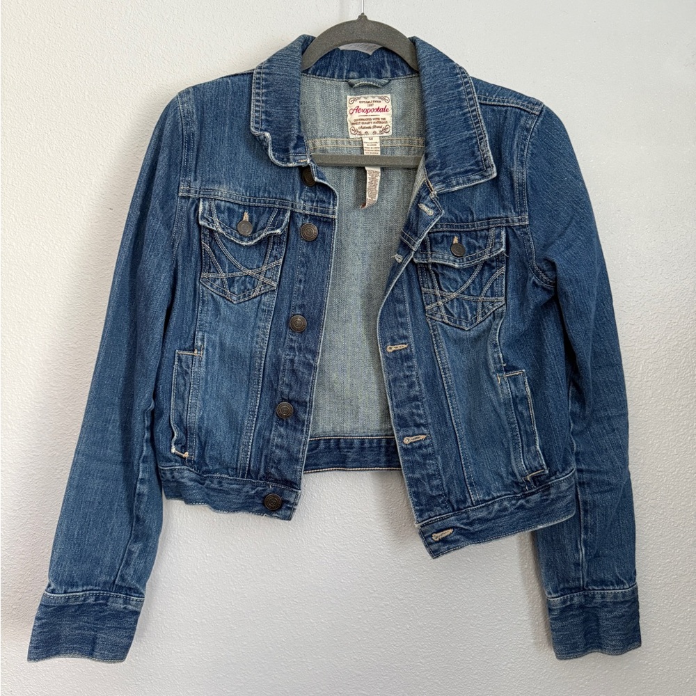 Aeropostale Blue Cropped Jean Jacket with Contrast Stitching